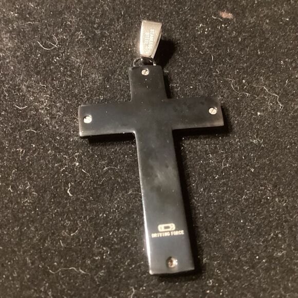 Driving Force Silvertone and Black Crystal Inset Cross Pendant - Picture 3 of 4